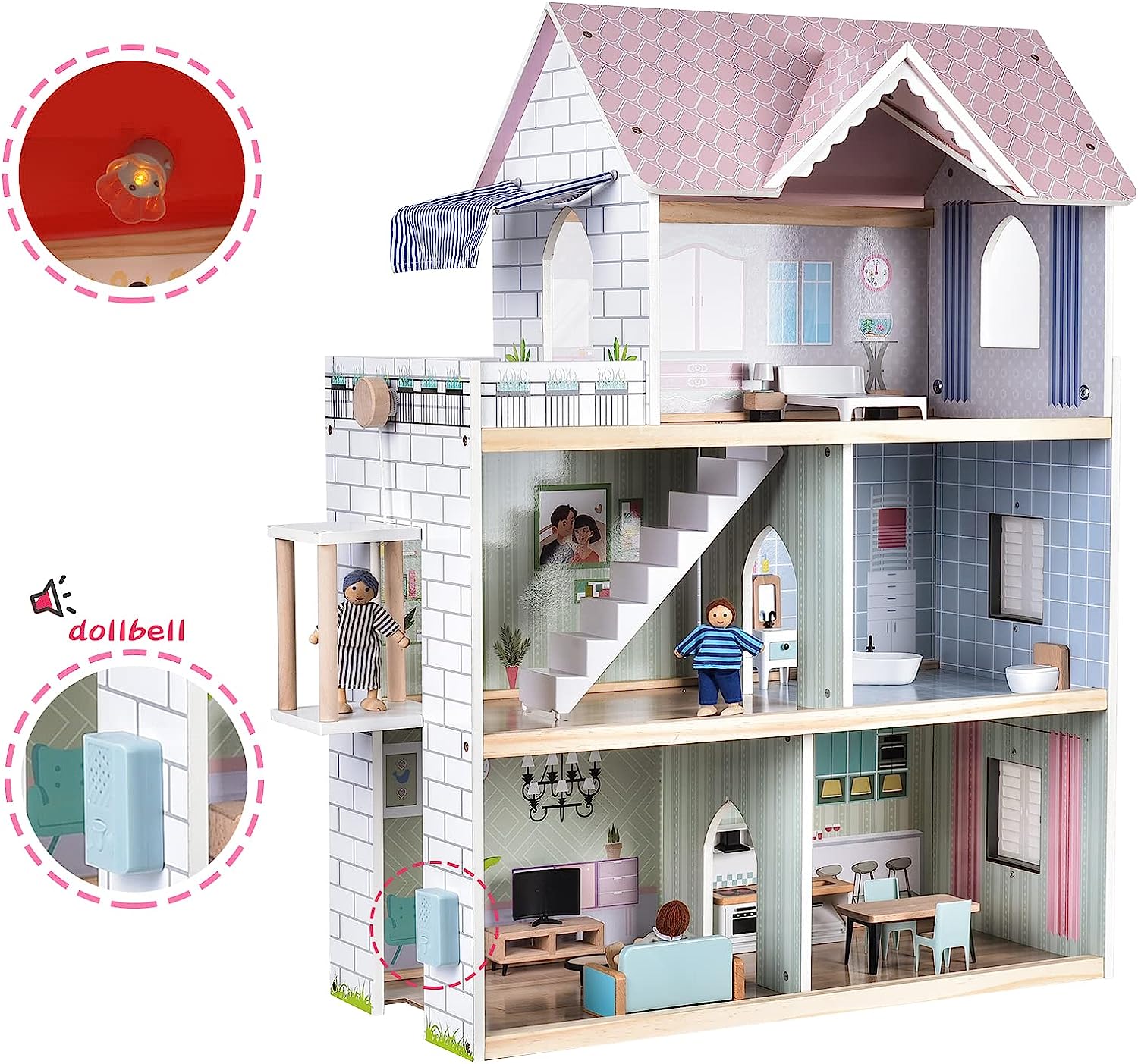 Giant bean Wooden Dollhouse 2.6 feet High with Elevator， Doorbell， Light，15 Pieces Furnitures and 3 Dolls， Toy Gift for Girls Ages 3-7+