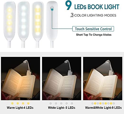 9 LED Book Light USB Rechargeable Clip On Reading Light with Touch Sensor (White)