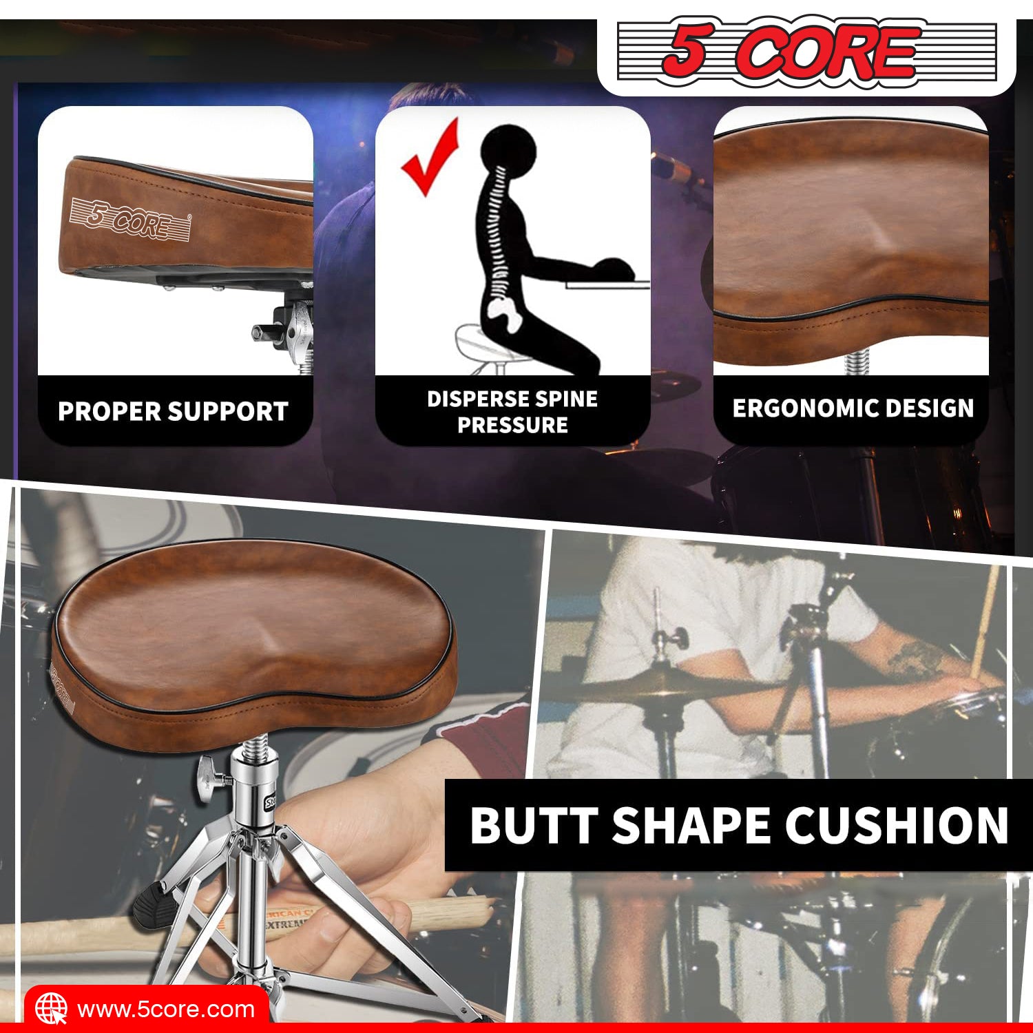 5 Core Drum Throne Saddle Brown| Heavy Duty Height Adjustable Padded Comfortable Drum Seat| Stools Chair  Style with Double Braced Anti-Slip Feet and Two Drumsticks for Adults Drummers- DS CH BR SDL HD