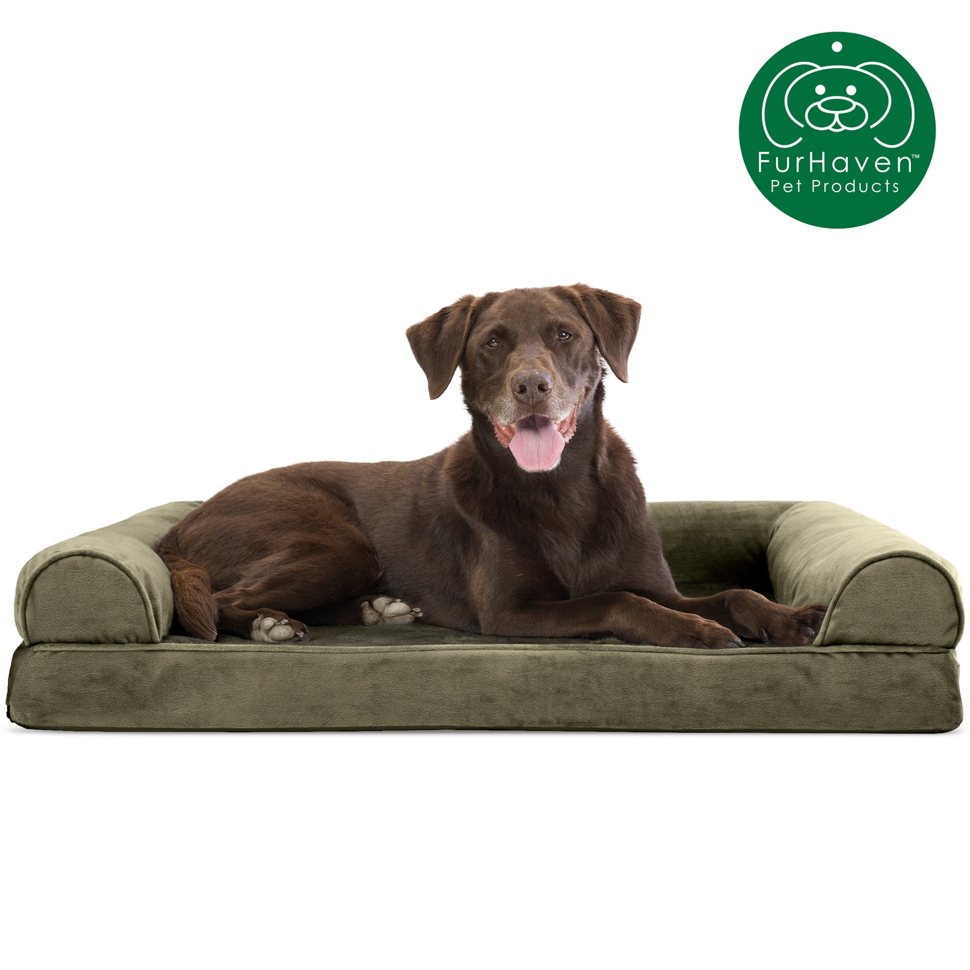 FurHaven Pet Products | Orthopedic Faux Fur & Velvet Sofa Pet Bed for Dogs & Cats, Dark Sage, Large