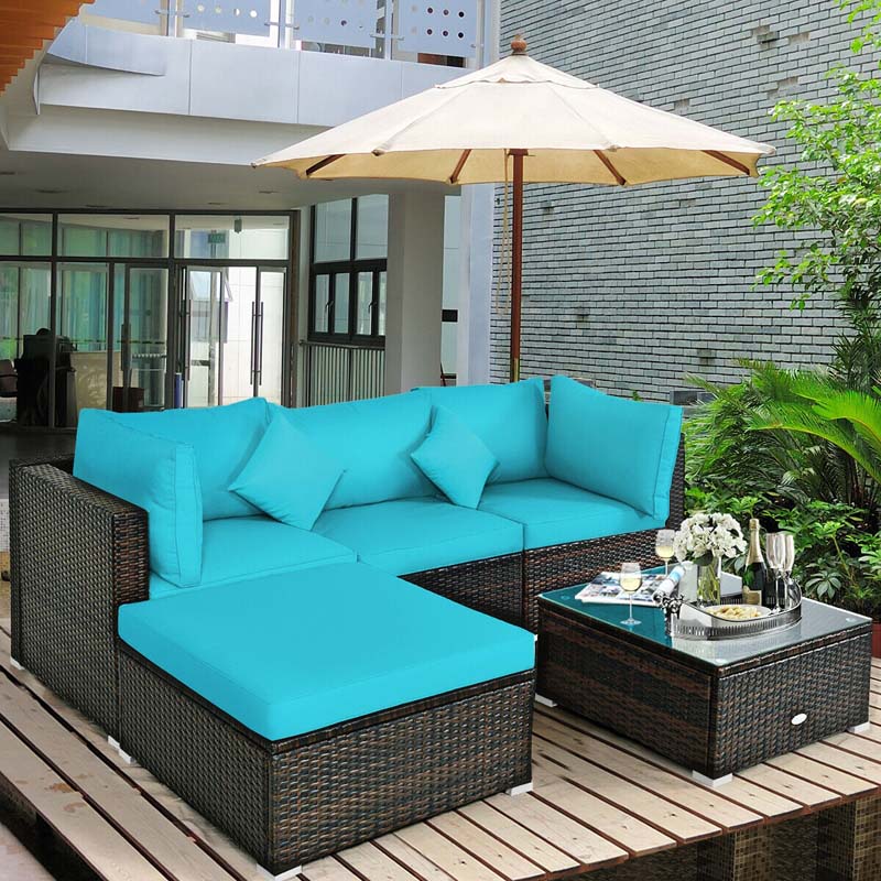 5 Pcs Outdoor Patio Rattan Furniture Sectional Sofa Set Wicker Conversation Set with Cushions