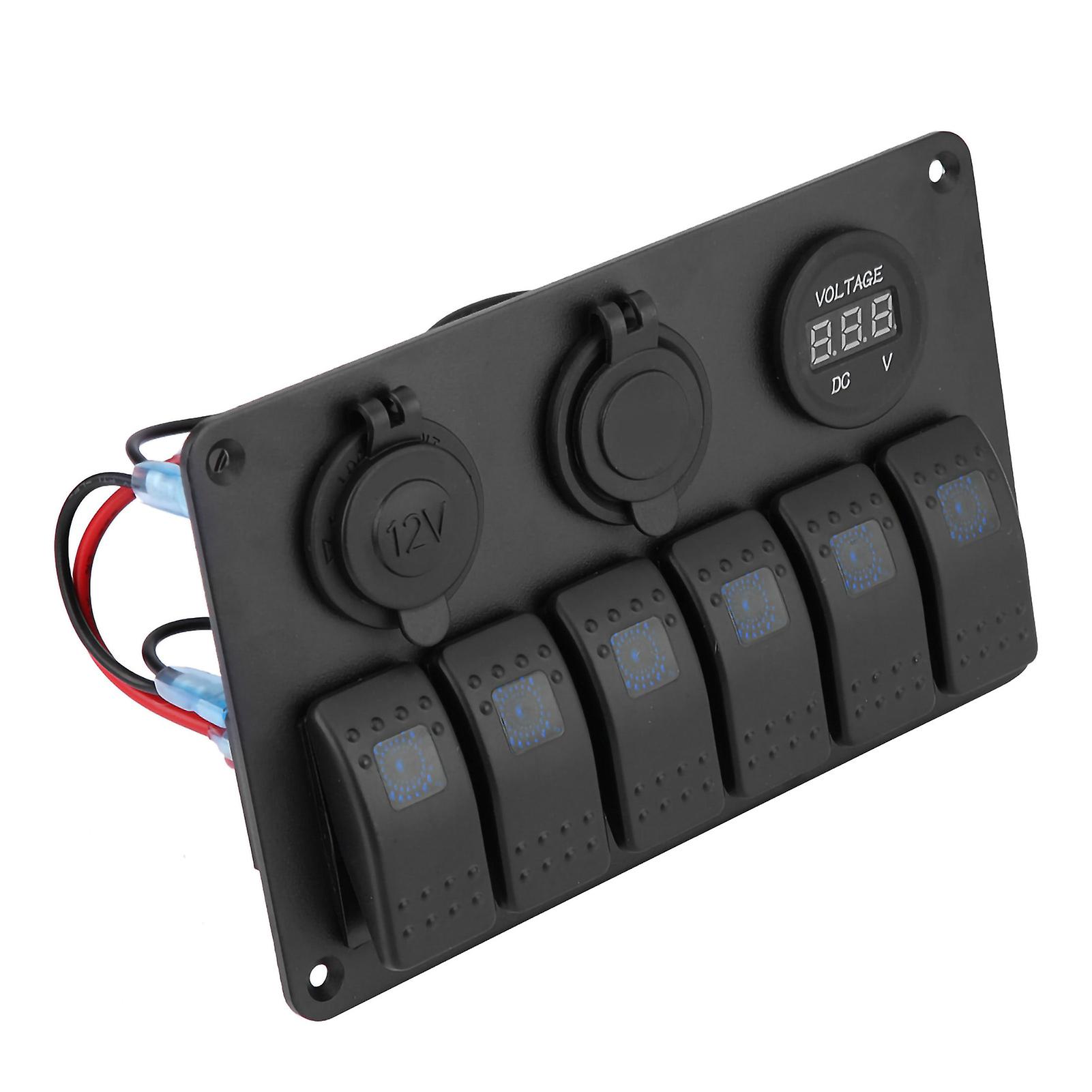 12v 24v 6 Gang Car Boat Led Rocker Switch Panel Dual Usb Voltmeter Cigarette Lighter Blue