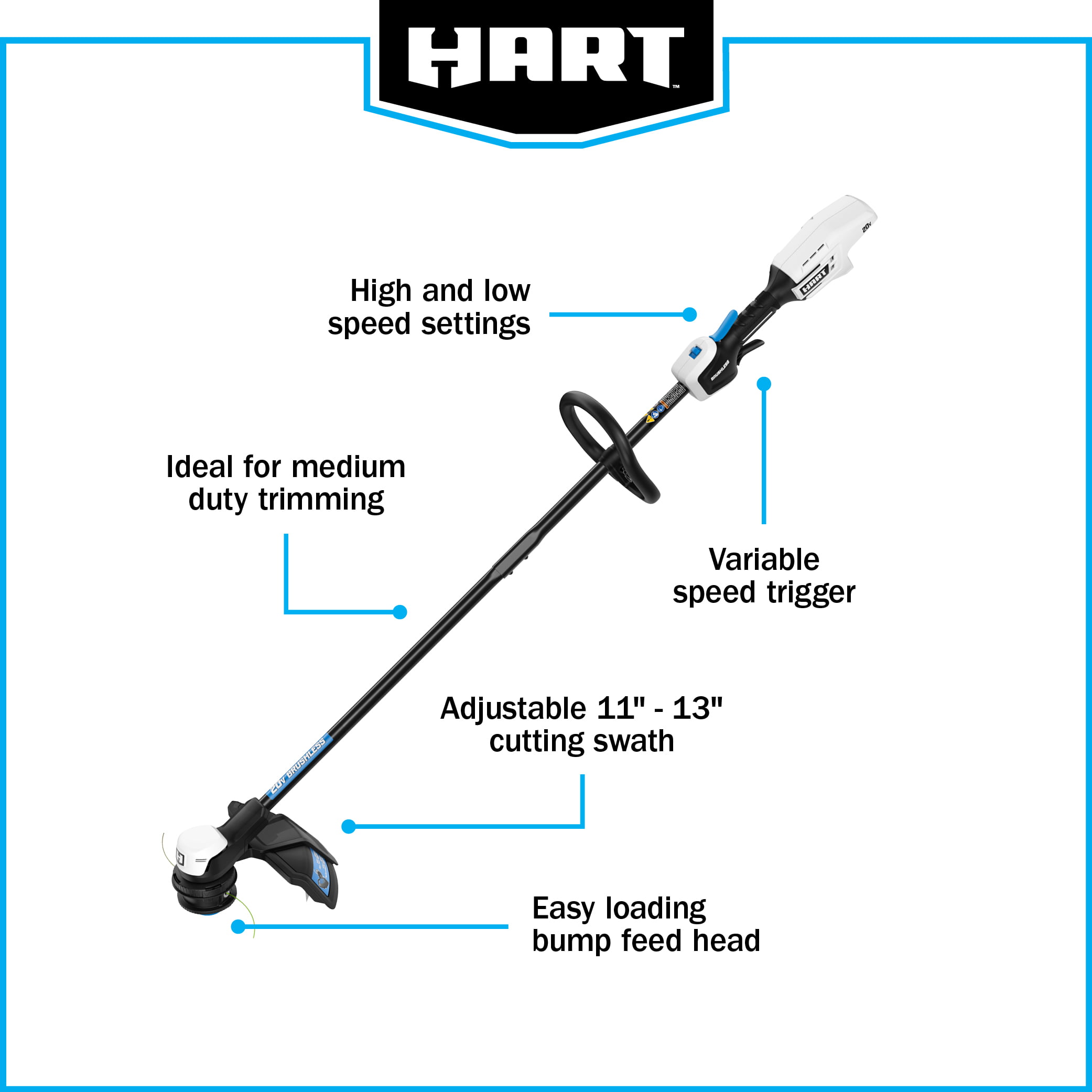 Hart 20-Volt 13-Inch Brushless String Trimmer with Bump Feed Head (1) 4.0 Ah Lithium-Ion Battery