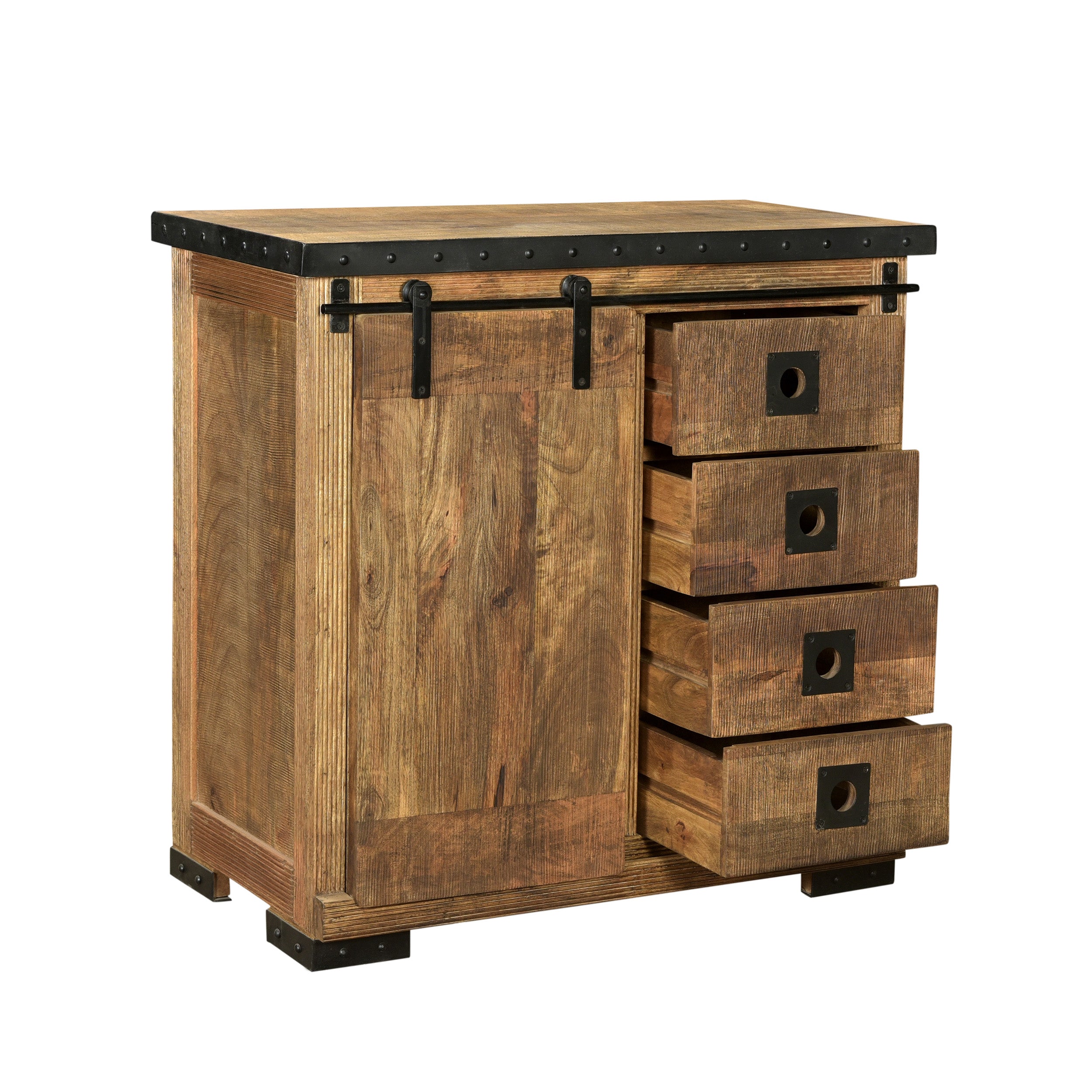 Leila Modern Industrial Mango Wood Cabinet, Natural Finish and Black