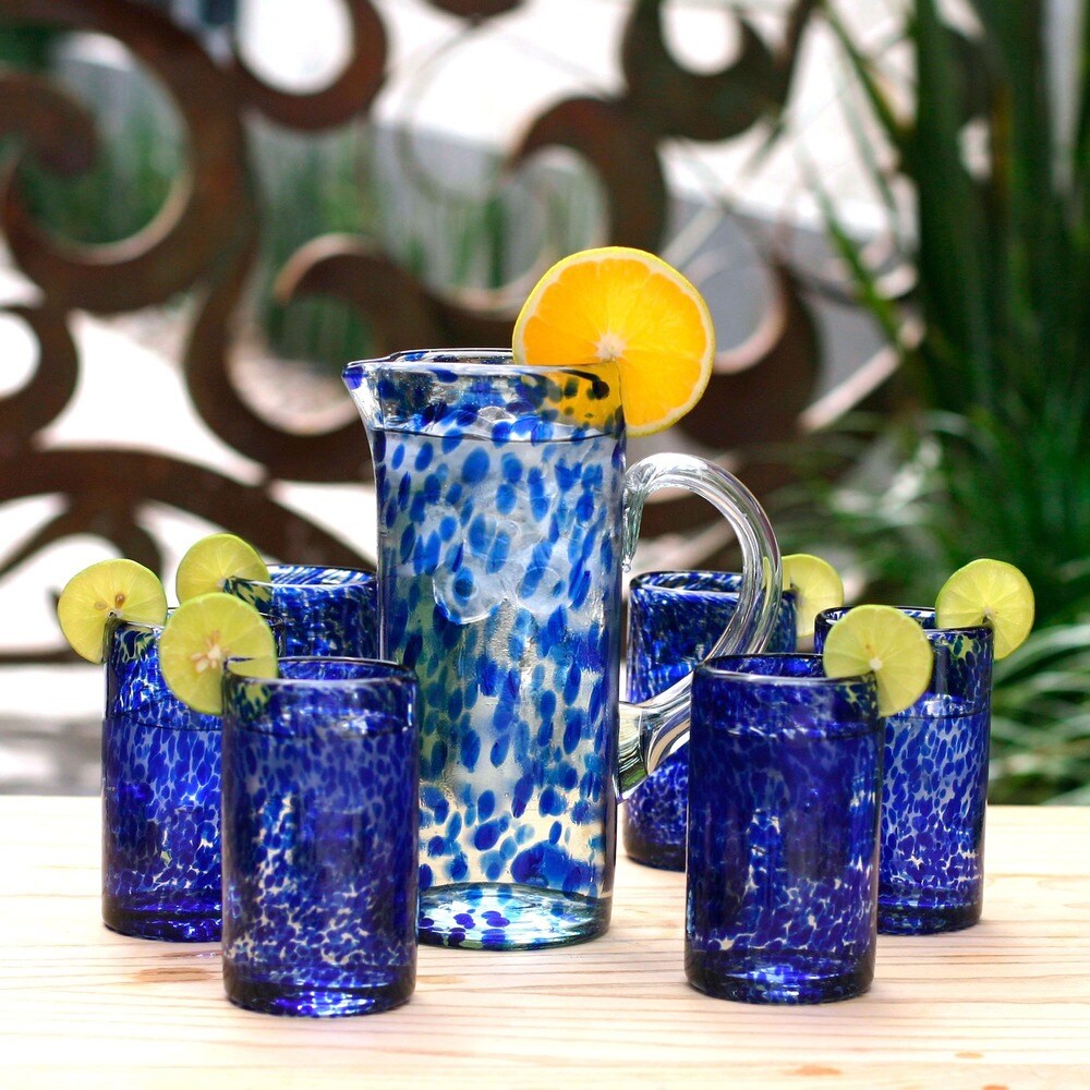 NOVICA Artisan Handblown Recycled Drinking Glasses Unique Water Tumblers Blue Mexican Tableware 'Marine'(Set of 6)