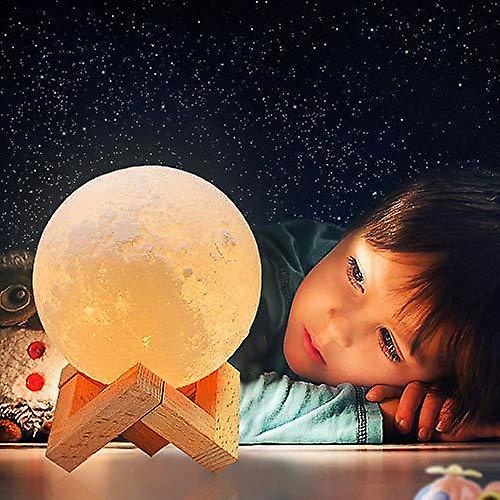 Night light 3D Moon Lamp Night 16 LED Colors with Wooden Stand and Remote Touch Control and USB Rechargeable 15CM Medium（White）