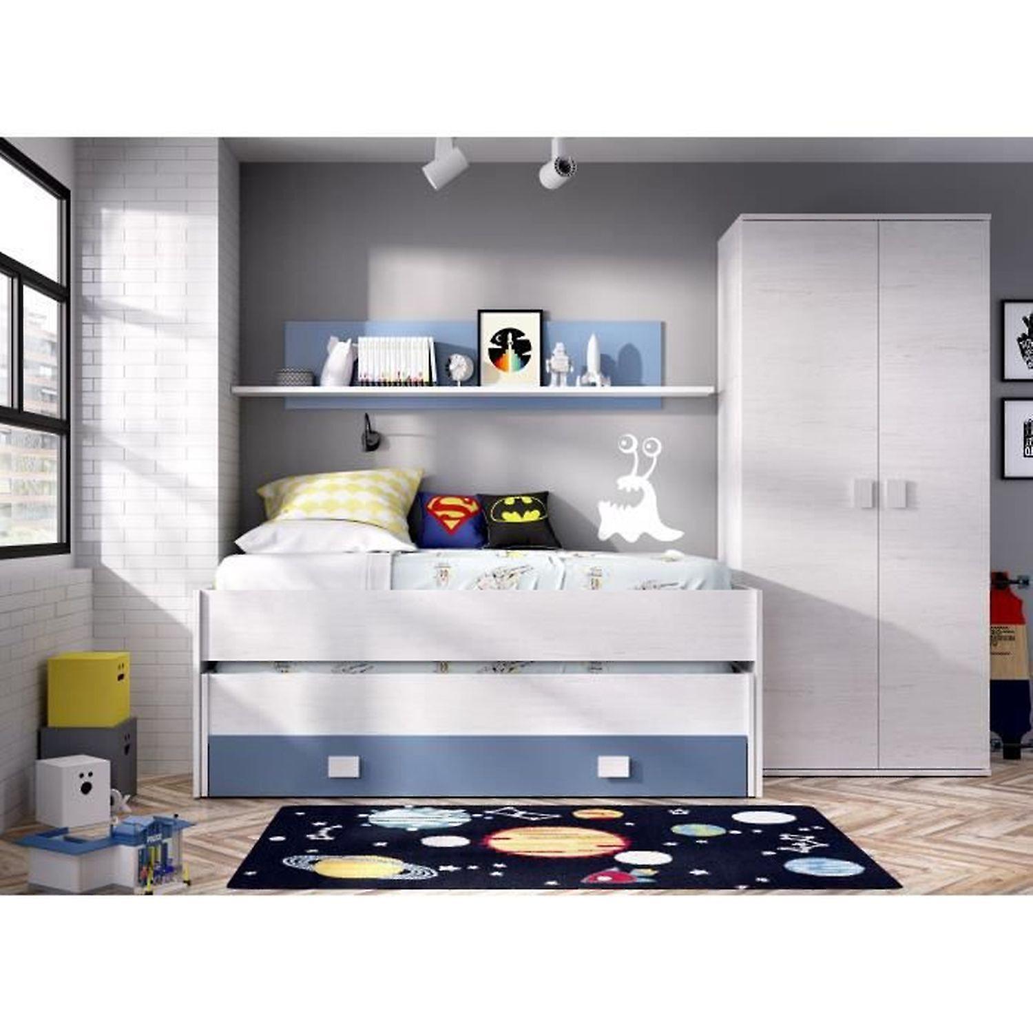 Children's trundle bed 2 x 90 x 190 cm with storage drawer + 1 shelf - white/blue oak