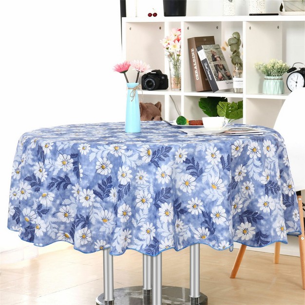 Dia Round Vinyl Water Oil Resistant Printed Tablecloths Blue Daisy Piccocasa