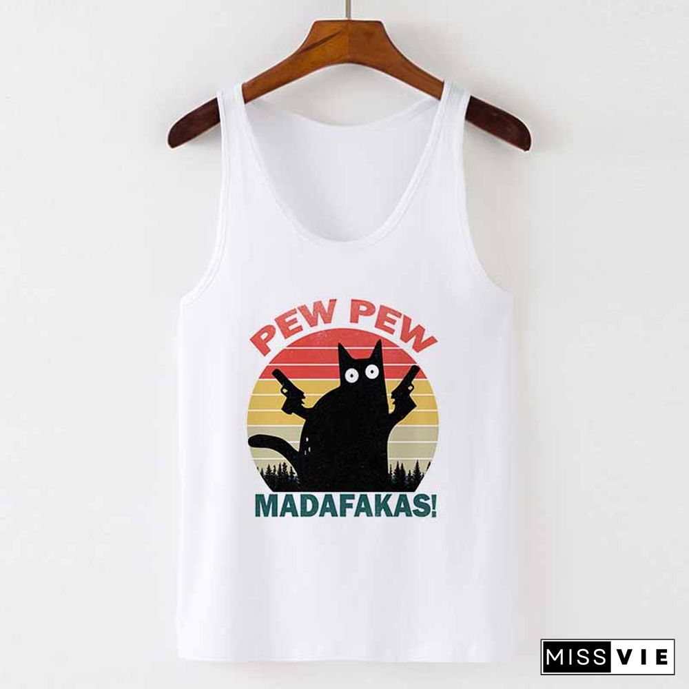 Camisole Sexy Vest Tank Tops Murderous Black Cat With Gun Funny Pew Pew Madafakas Print Women Sleeveless Halloween T Shirt