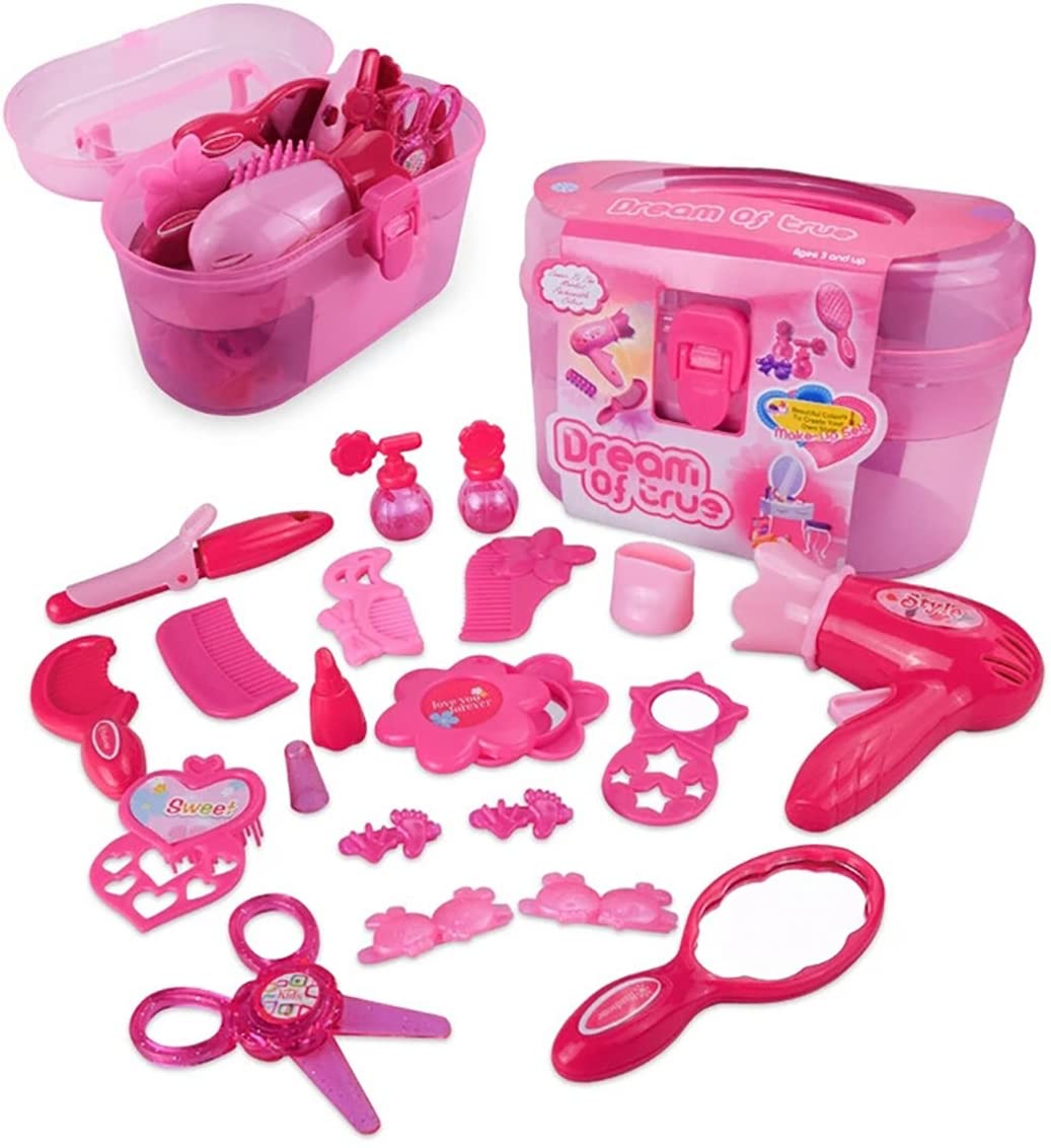 Little Girl Makeup Kit Pretend Play Hair Station with Case Kids Beauty Salon Set Toys， Hairdryer， Brush，Mirror and Styling(17pcs) Toy for little girl 1 2 3 4 Years Old