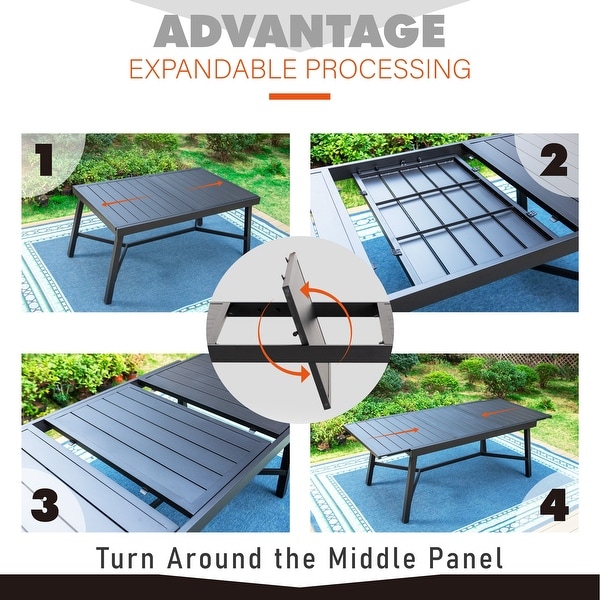 7/9piece Patio Dining Set，Expendable Rectangular Outdoor Dining Table with C Spring Rocking Chairs