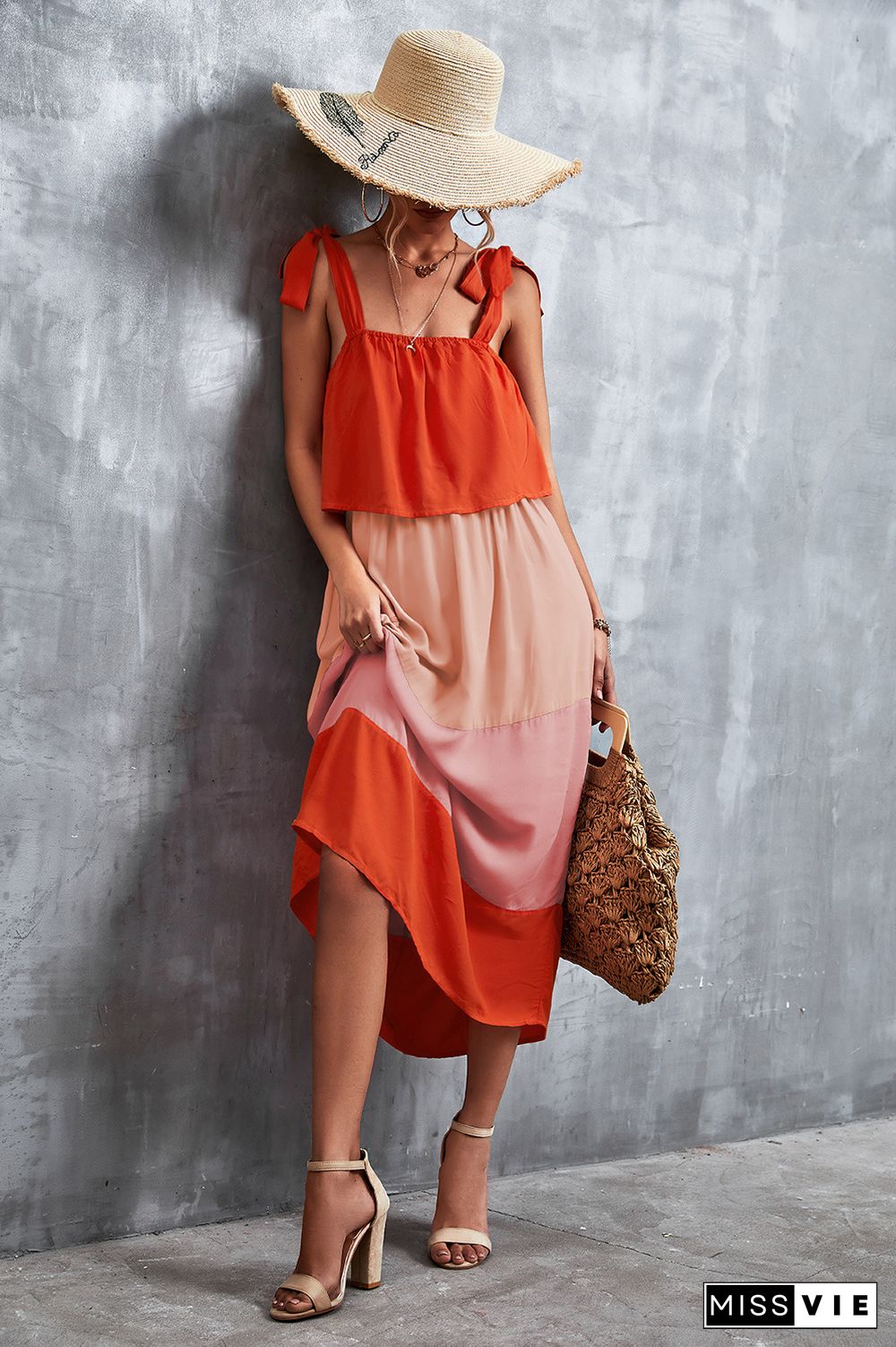 Tie Strap Color Block Maxi Dress