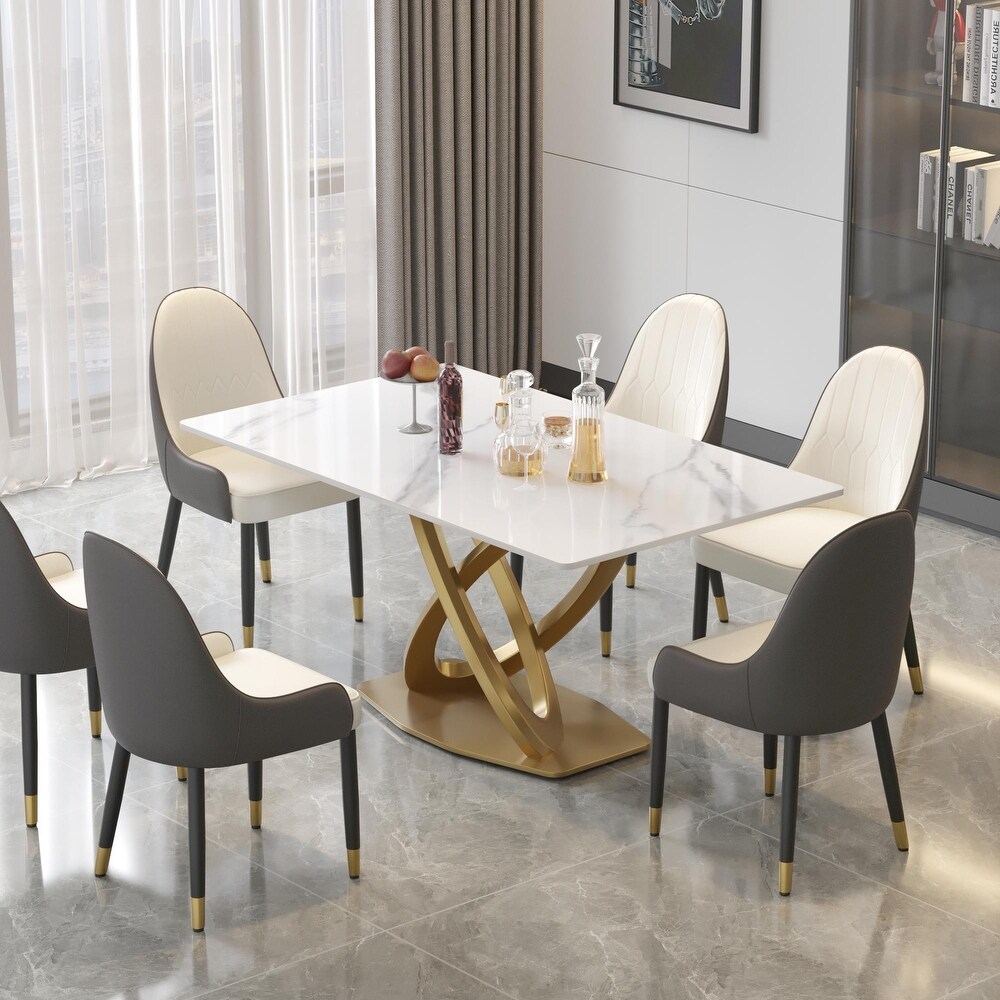 Modern Sintered Stone Dining Table Minimalist Artificial Marble Rectangular Table Top + Gold X cross Shaped Base