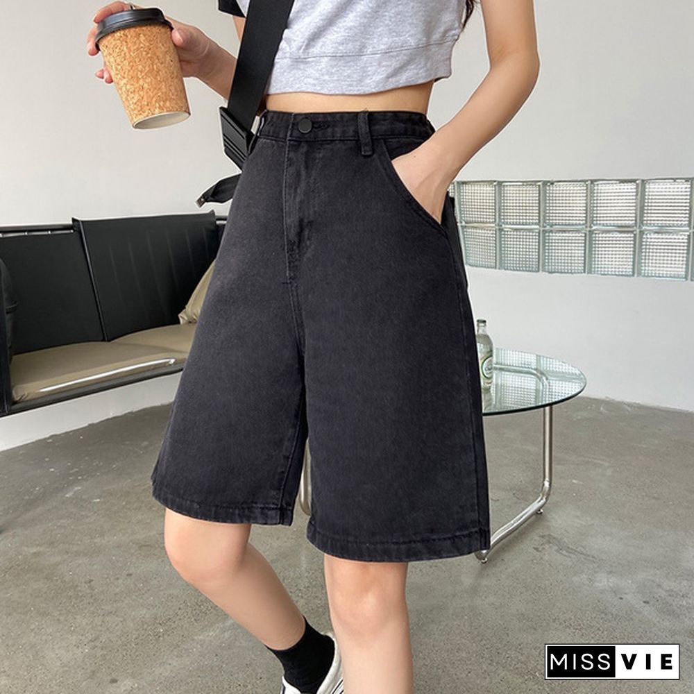 New Summer Women High Waist Wide Leg Black Denim Shorts Casual Female Loose Straight Button Jeans Bermuda Shorts