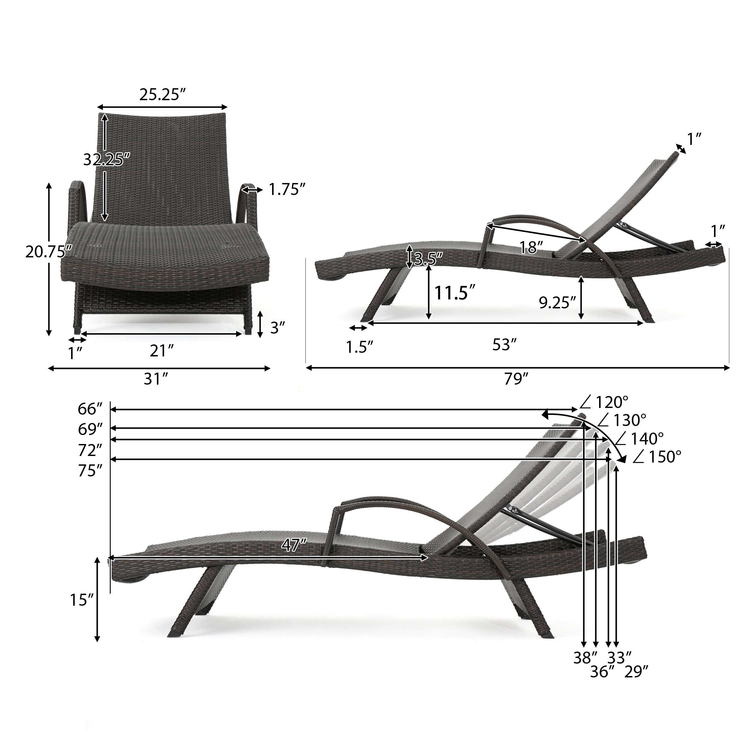 Lakeport Brown Wicker Curved Outdoor Chaise Lounge Chair w/ Arms