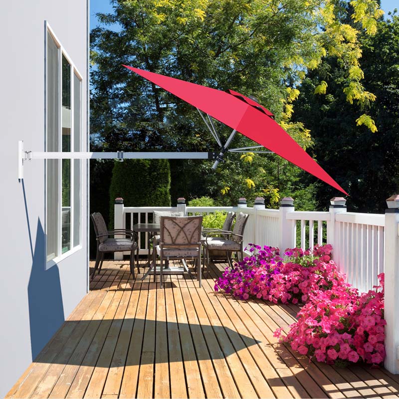 8 FT Patio Wall Mounted Umbrella with Adjustable Pole, Outdoor Tilting Sunshade Umbrella with Wind Vent