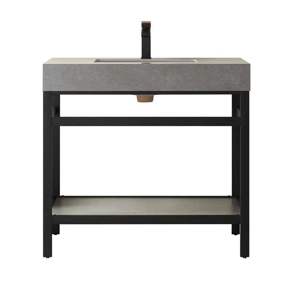 ROSWELL Funes 36 in. W x 22 in. D x 33.9 in. H Single Sink Bath Vanity in Matt Black Metal Stand with Grey Sintered Stone Top 802536-TB-WKN