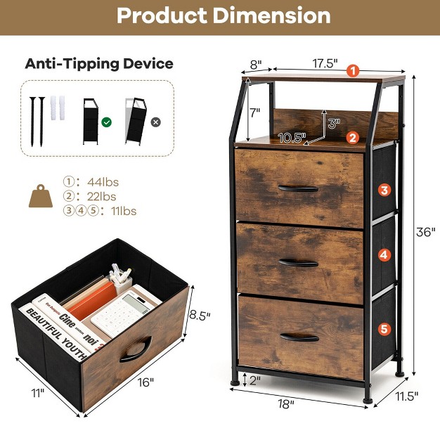 Costway 3 Drawer Dresser W Wood Top Sturdy Steel Frame Storage Organizer Dresser