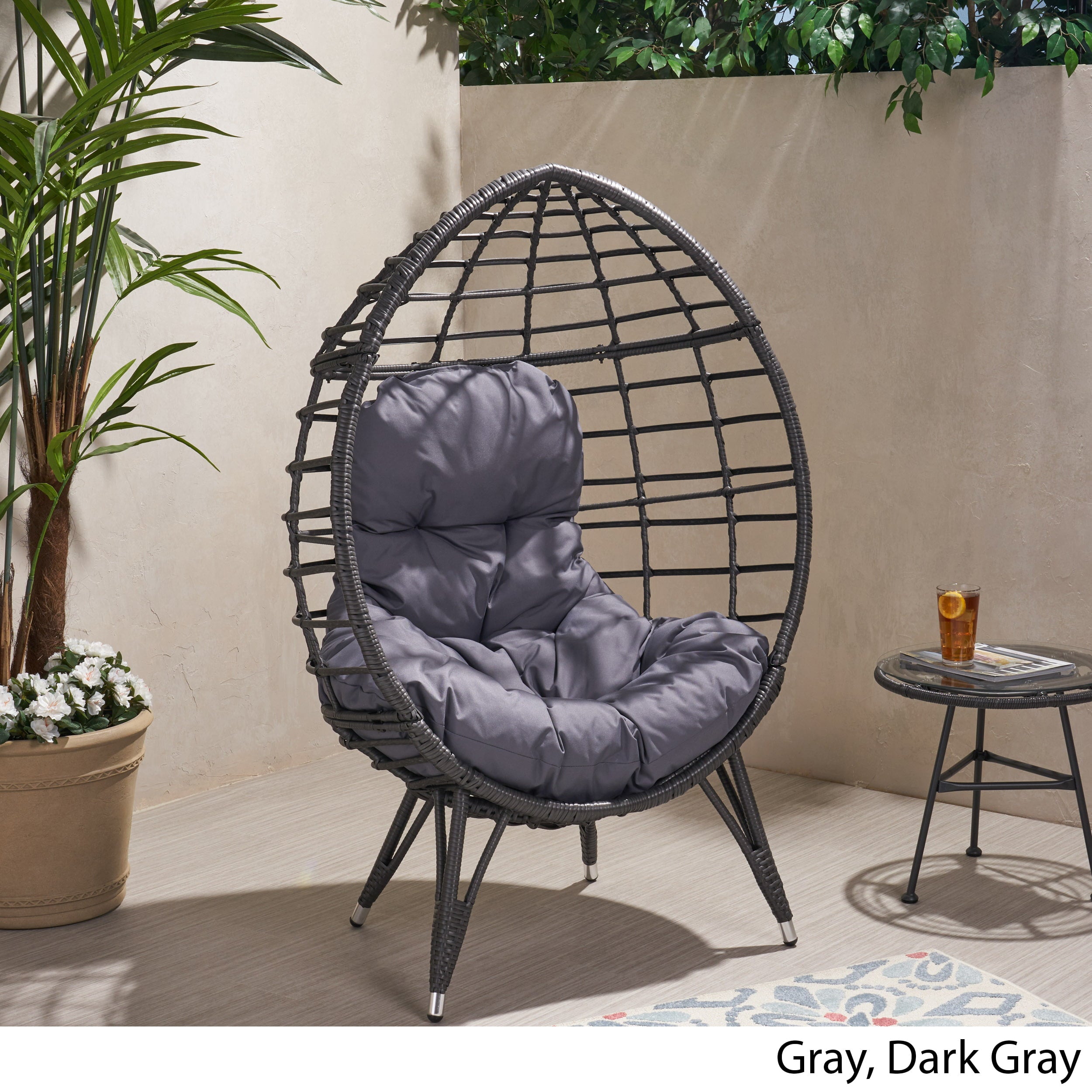 Kavani Outdoor Wicker Teardrop Chair with Cushion, Gray and Dark Gray