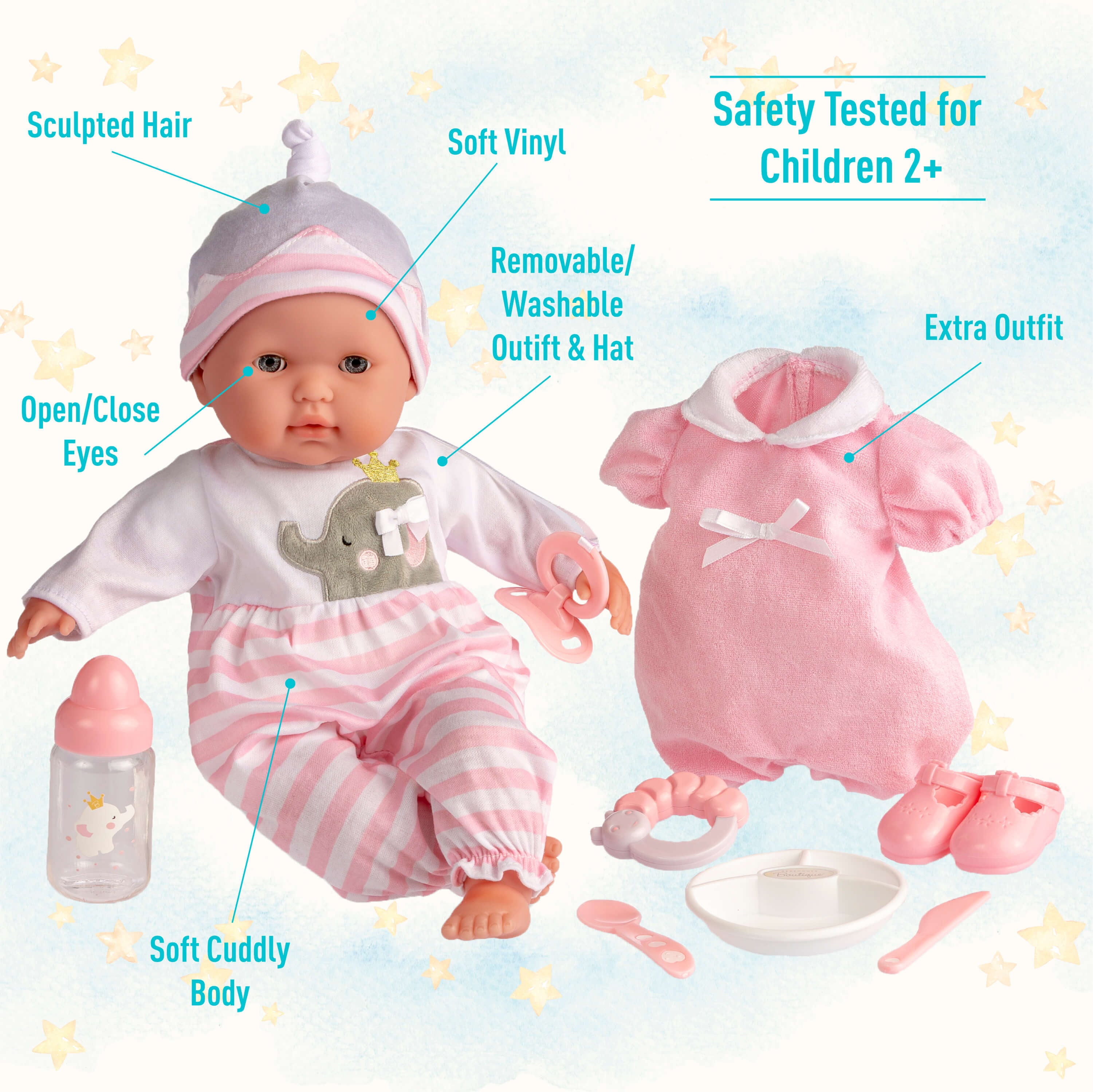 JC Toys Berenguer Boutique 15" Soft Body Baby Doll Gift Set, Open/Close Eyes in Pink