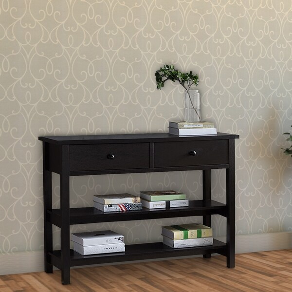 Two Drawer Console Table with Two Open Shelves and Block Legs， Dark Brown