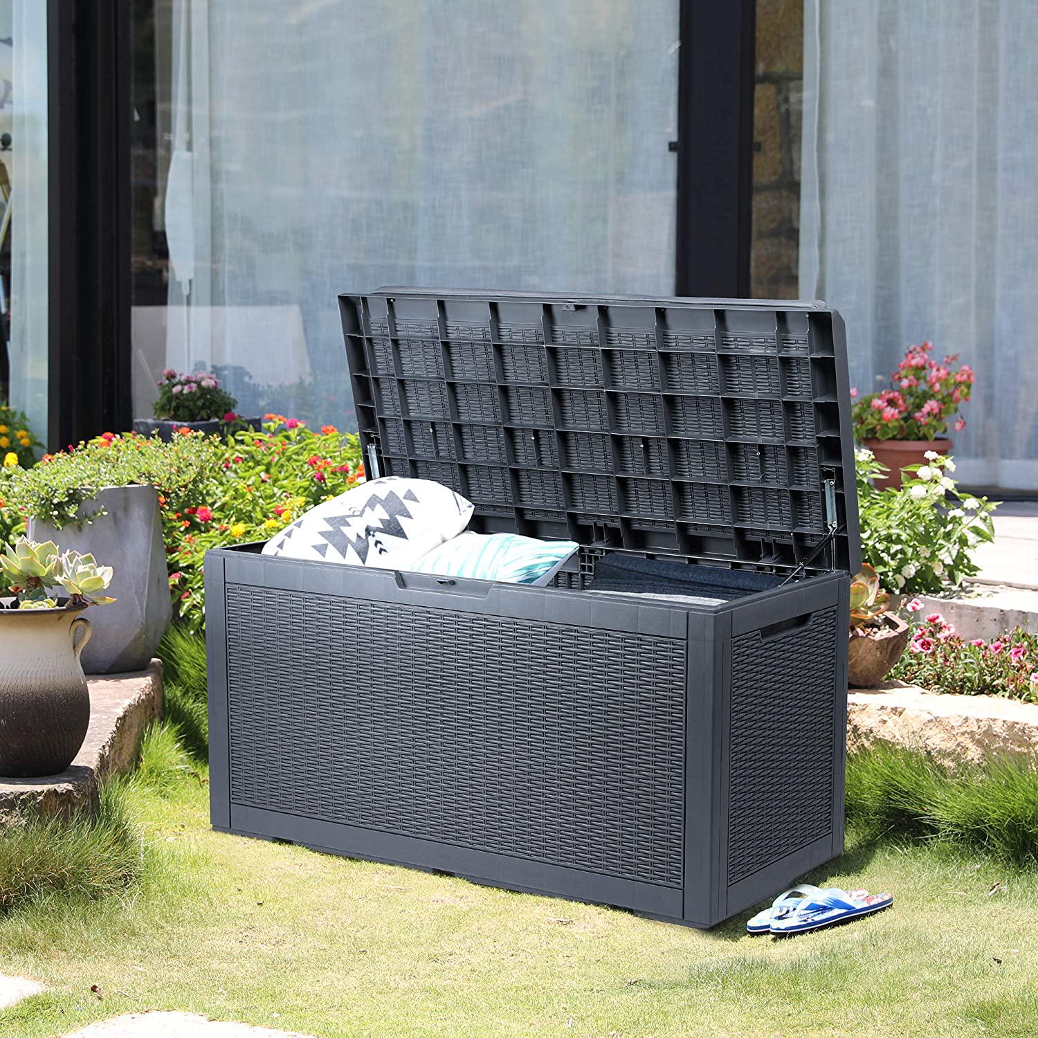 YITAHOME 100 Gallon Large Resin Deck Box Outdoor Storage with Cushion for Patio Furniture, Outdoor Cushions, Garden Tools and Pool Supplies-Waterproof,Lockable (Dark Grey)