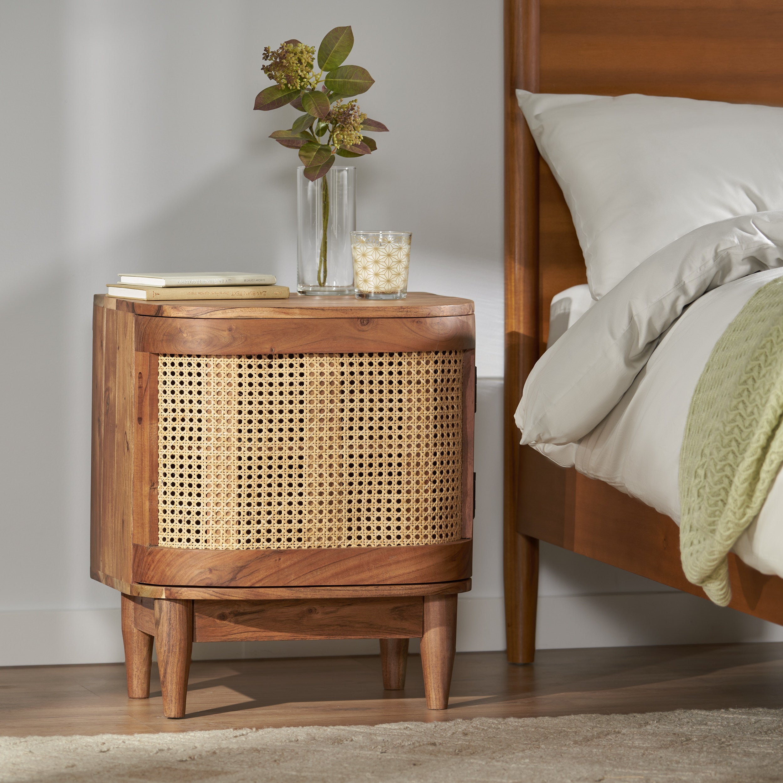 Cerny Rustic Handmade Wood and Cane Nightstand Cabinet, Natural