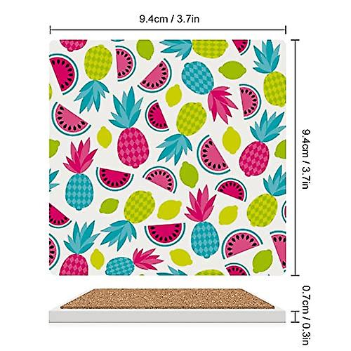 Colourlife Square Drink Coasters 4 Pcs Summer Fruit Exotic Fruit Cocktail Absorbent Ceramic Coffee Coasters For Drinks With Cork Base Housewarming Gif