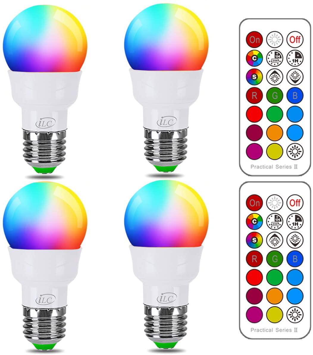 iLC RGB LED Light Bulb， Color Changing Light Bulb， 40W Equivalent， 450LM， 2700K Warm White 5W E26 Screw Base RGBW， Flood Light Bulb- 12 Color Choices - Timing Infrared Remote Control (4 Pack)