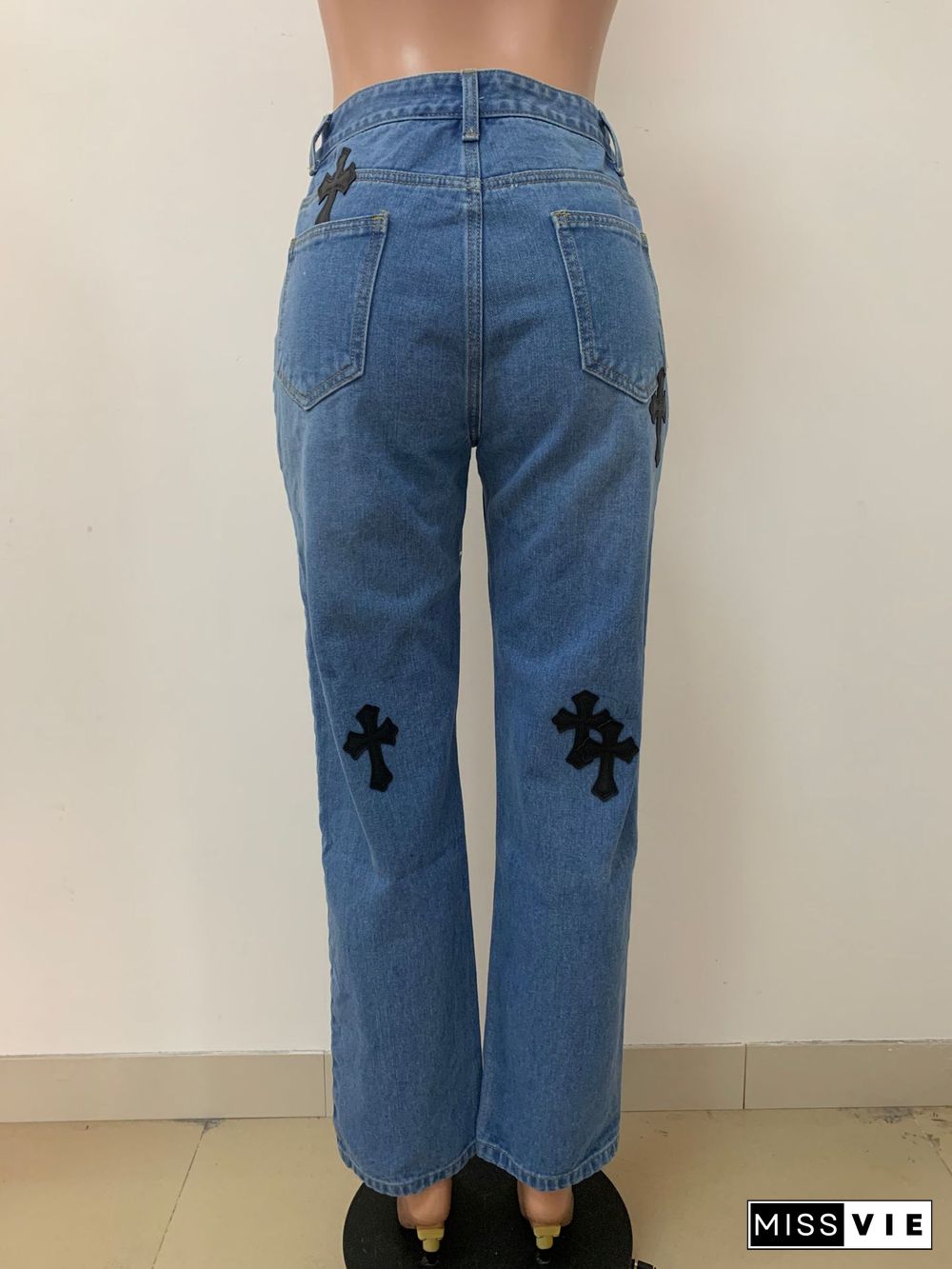 Zipper Embroidery Straight Jeans