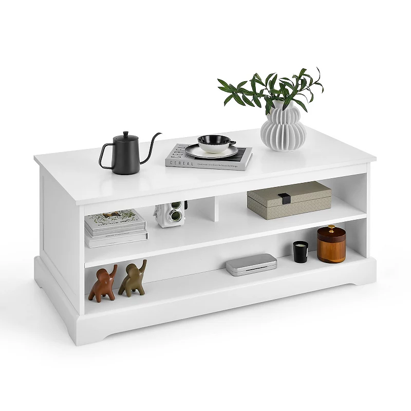 Modern Coffee Table with Drawers and Open Cubies-White