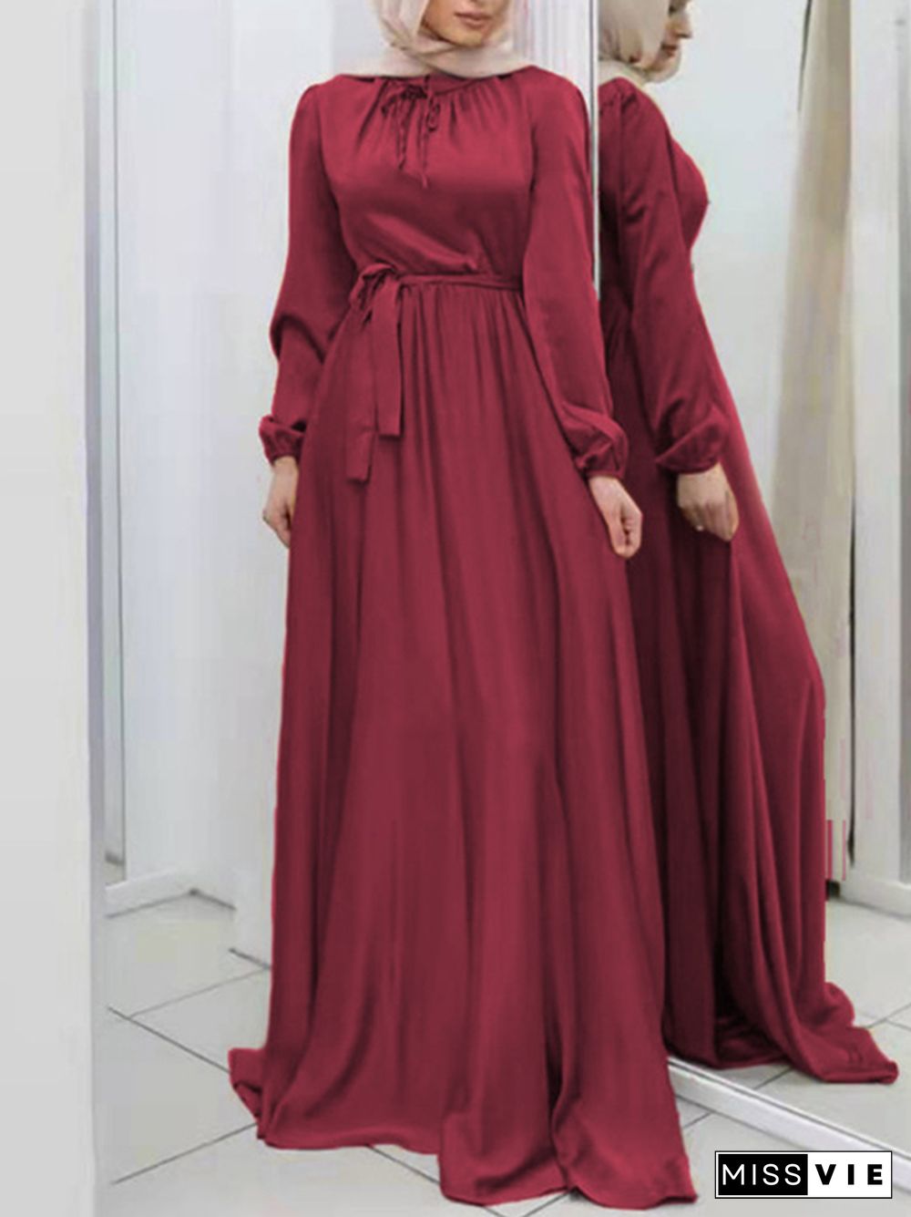 Long Sleeves Loose Pleated Solid Color Tied Waist Maxi Dresses