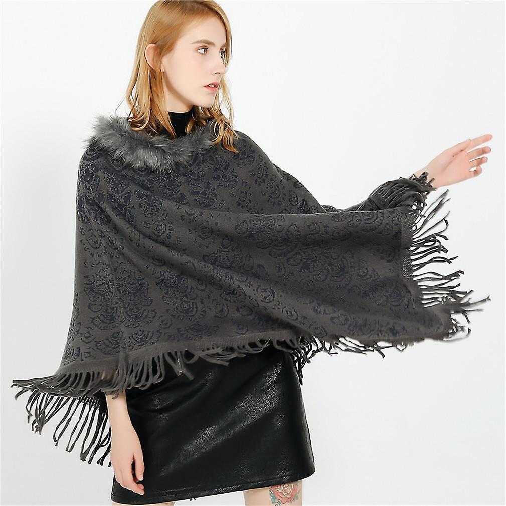 Winter Cape With Faux Fur Collar Pullover Poncho Thciken Cardigant For Lady