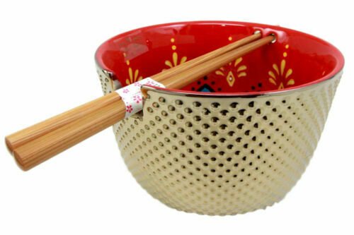 1 Set of 2 Luxury Gold Plated Ramen Noodle Bowls W/ Chopsticks Red Lotus Blossom EBR02