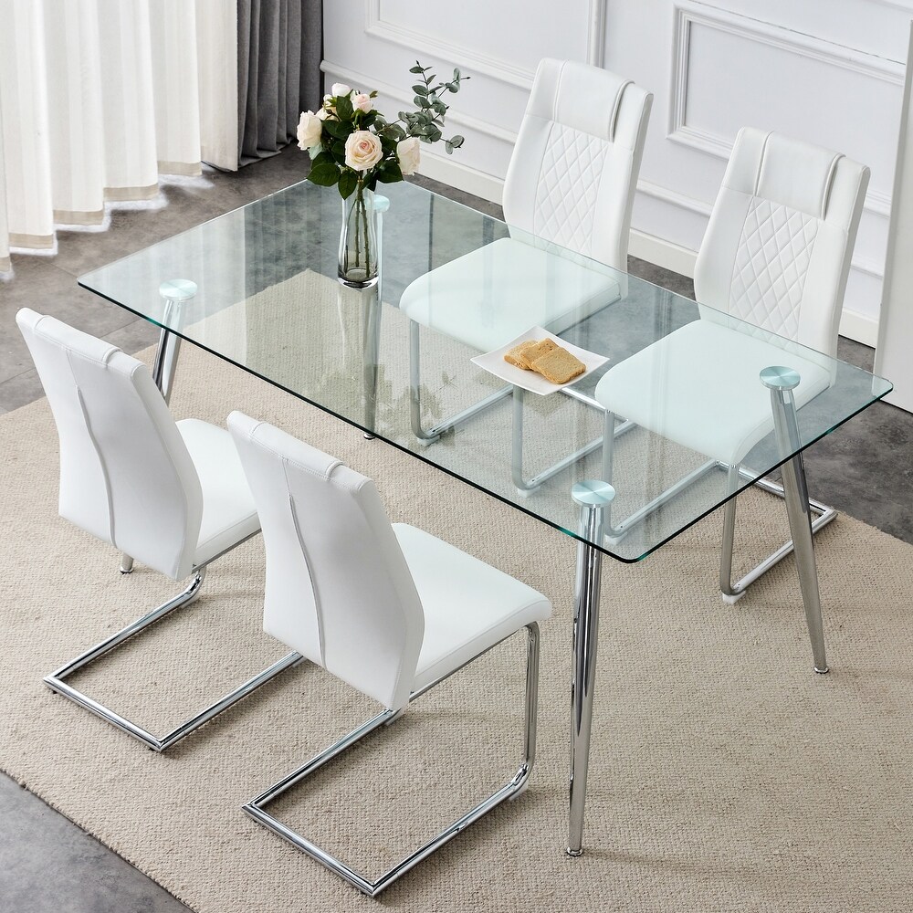 5 PCS Dining Table Set Table and Chair Set w 1 Table and 8 Chairs Glass Table Top Metal Table Legs