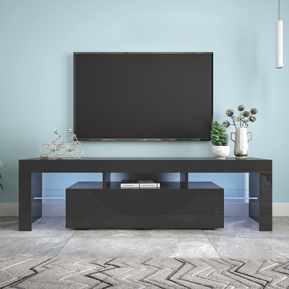 63''L Matt Laminate Finish TV Stand Cabinet with 2 Soft Open Front Storage Doors  20 Colors LED Remote Control (up to 70'')