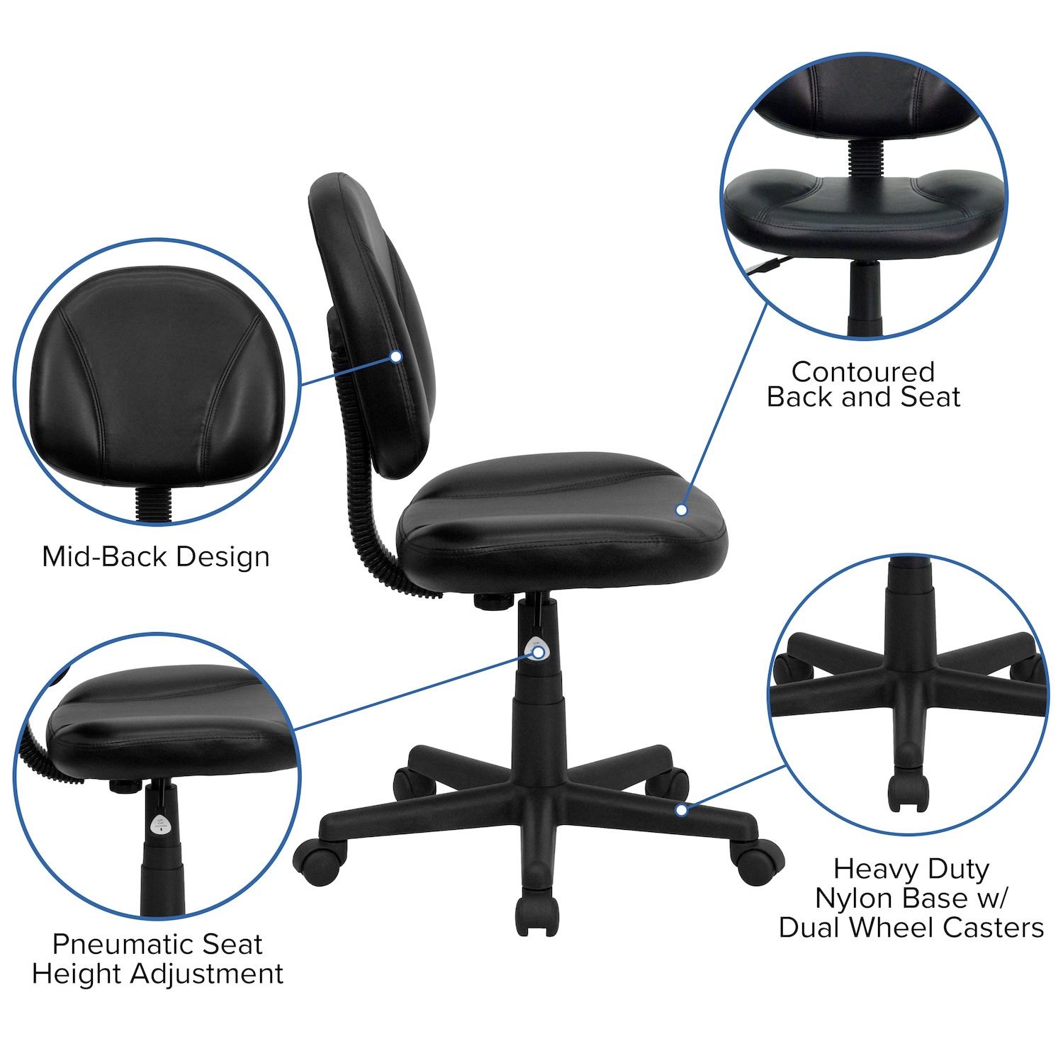 Emma and Oliver Mid-Back Black LeatherSoft Ergonomic Task Office Chair - Back Depth Adjustment