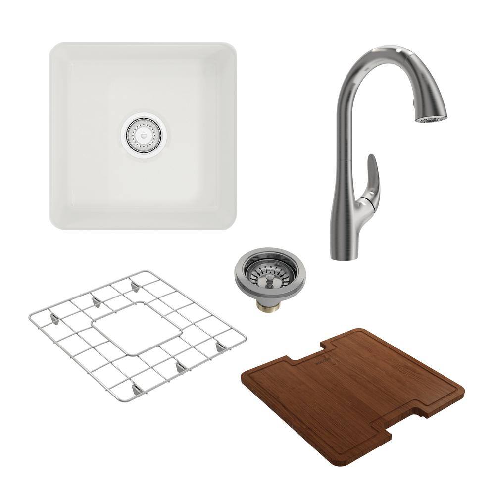 BOCCHI Sotto White Fireclay 18 in. Single Bowl Drop-InUndermount Kitchen Sink wCutting Board and Faucet 1359-001-2024SS