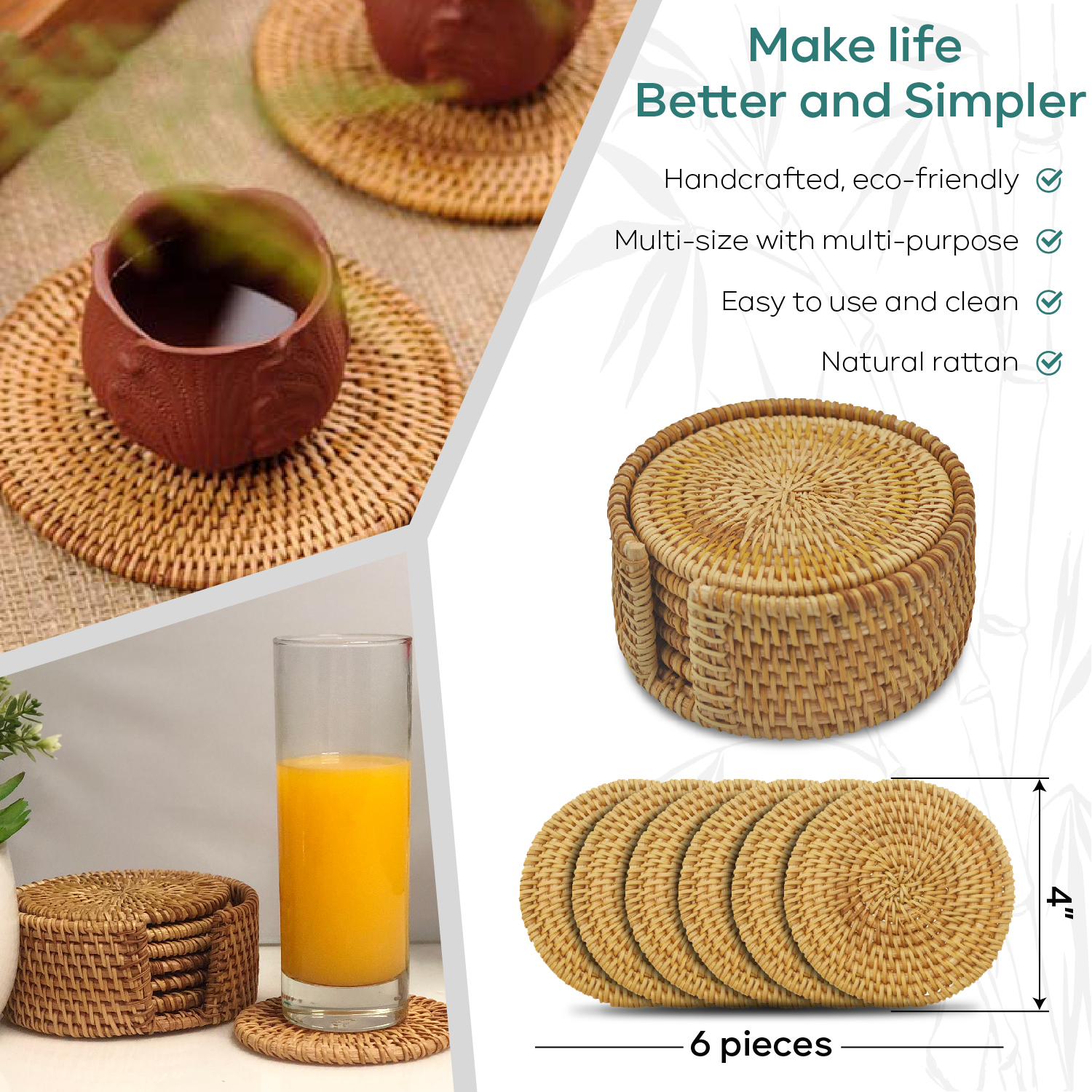 Eneocare Handmade Natural Rattan Coasters for Drinks， Wicker Boho Coasters， Woven Coasters for Drinks | Heat Resistant Reusable Saucers， Round Straw Trivet for Teacup， Set of 6 with Holder