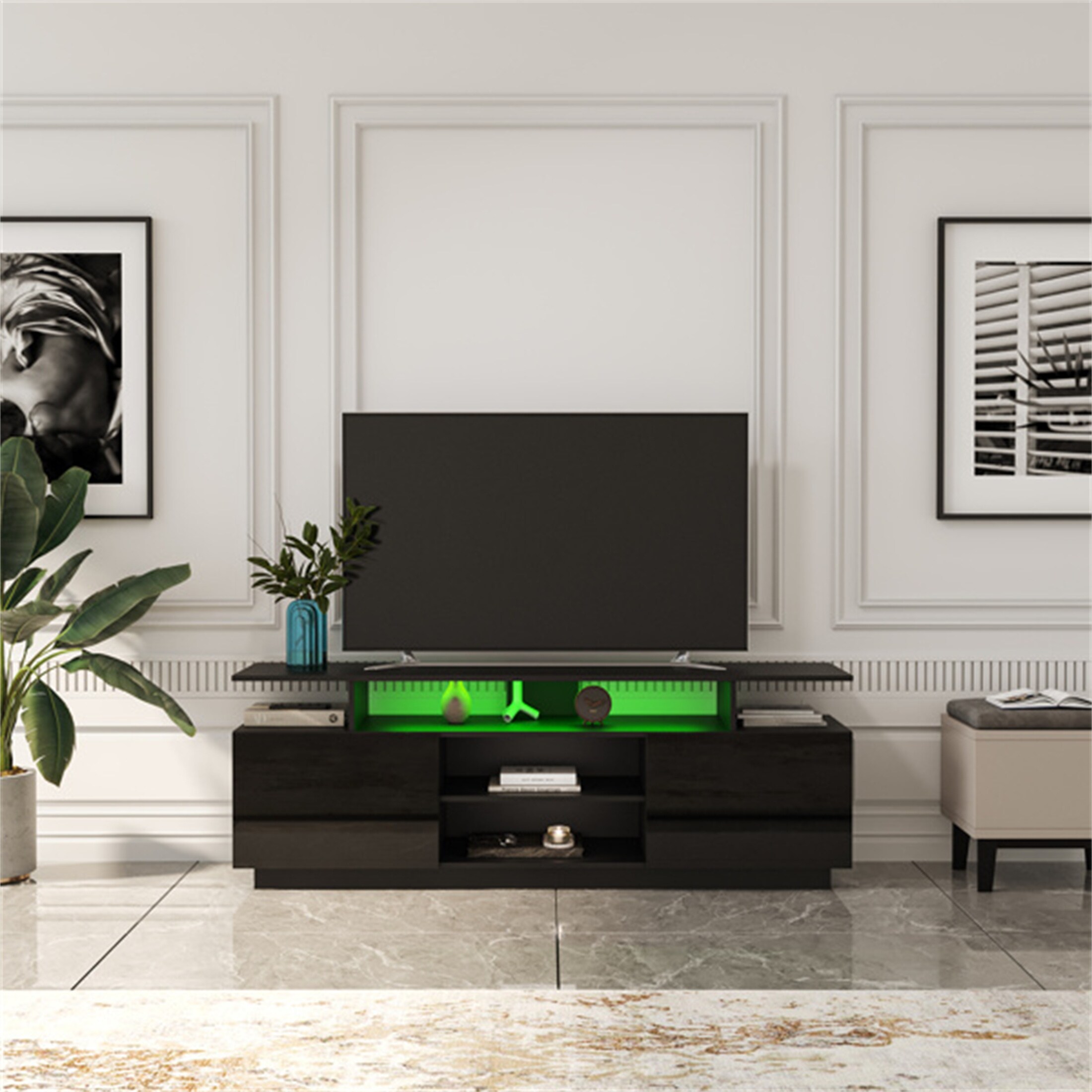 Black Modern LED TV StandTV Media Center for Living Room