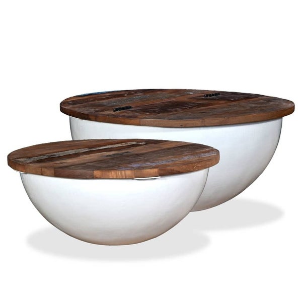 in Round Coffee Table with Storage 2 Pcs Drum Coffee Table Side Table with Bowl-Shaped Steel Base and Solid Wooden Tabletop