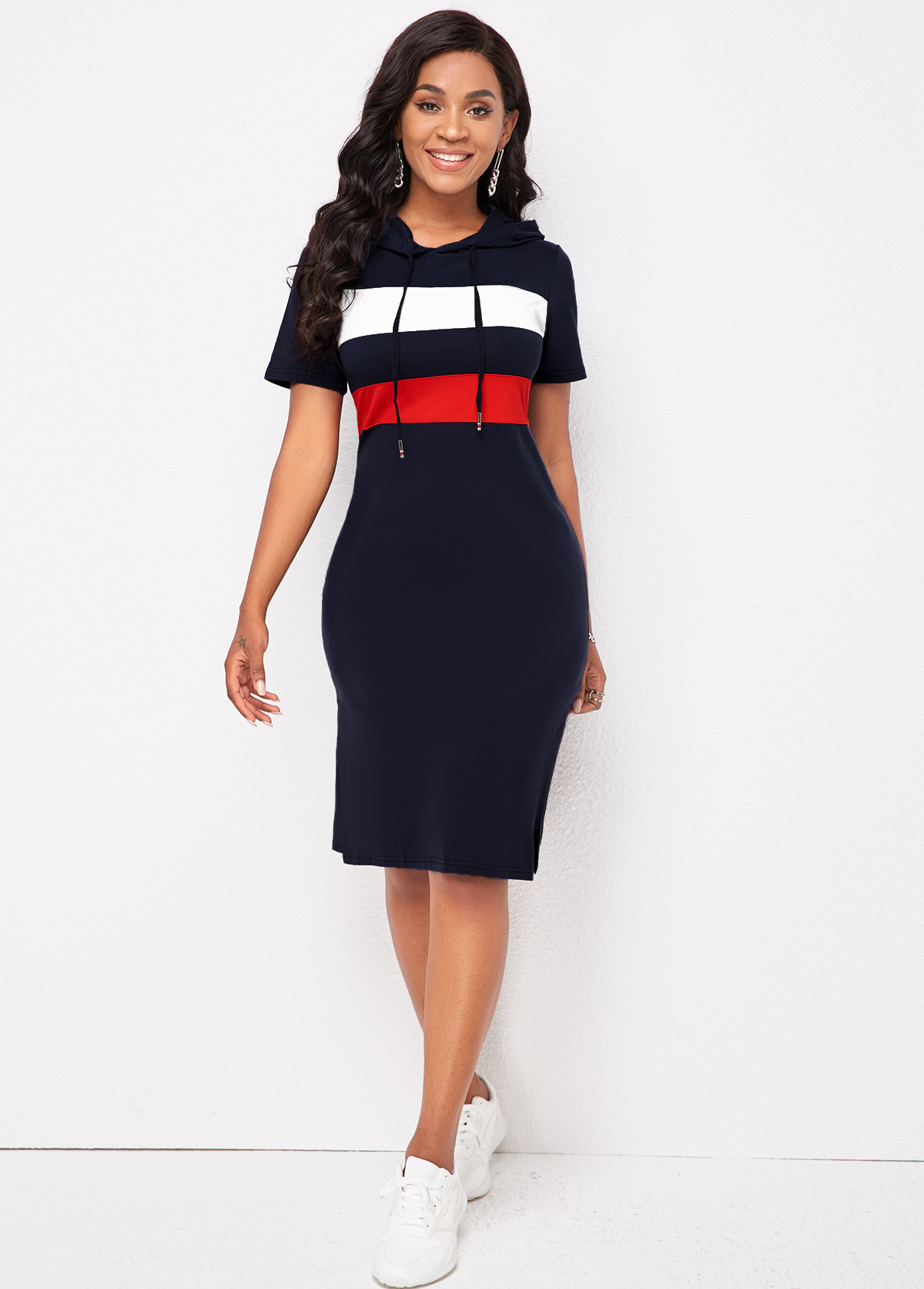 Short Sleeve Hooded Collar Striped Dress
