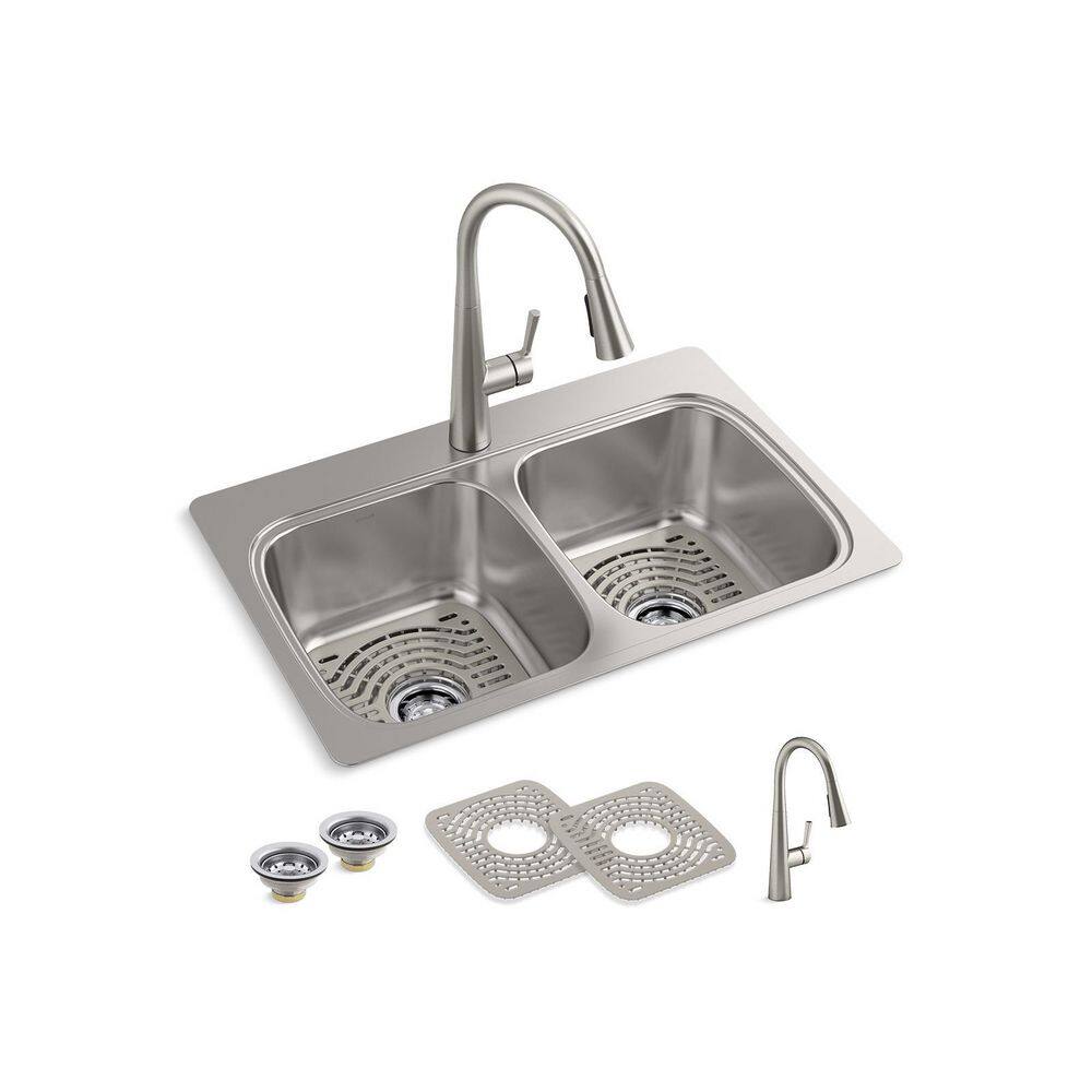 KOHLER Verse Stainless Steel 33 in. Double Bowl Drop-In Kitchen Sink with Faucet K-RH5267-1PC-NA