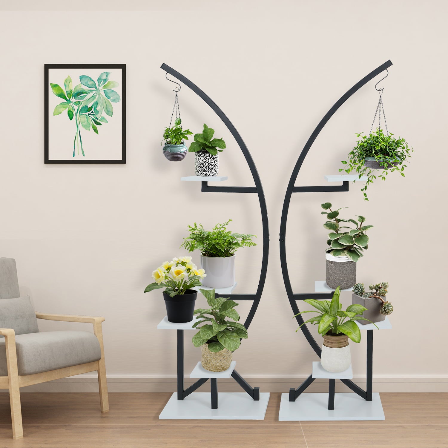 ELECWISH Large Plant Stand Indoor Plant Shelf Stand Half Moon Plant Stands Multi-Purpose Curved Metal Display Rack for Living Room, Garden, Patio(Black White 2 Pack)