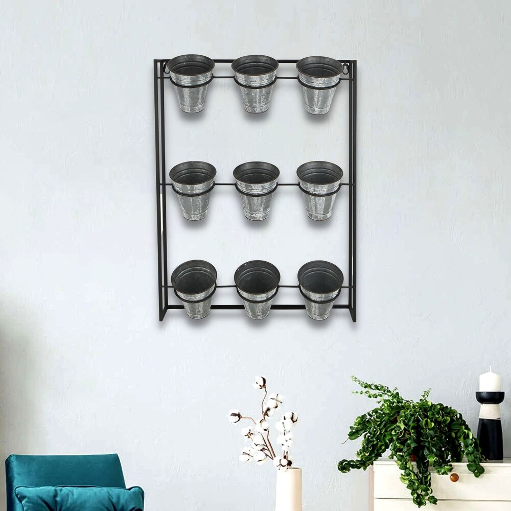 Black Metal 9 Pot Wall Planter with Metal Frame   W: 17.5\