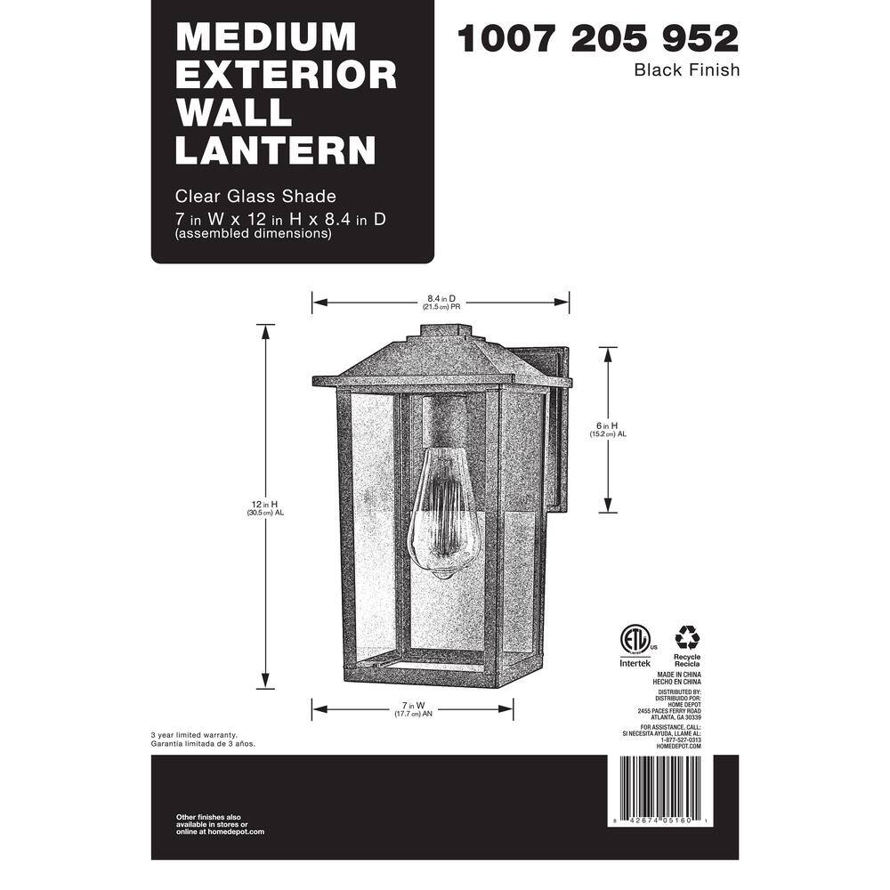 PRIVATE BRAND UNBRANDED 1-Light 12 in. Black Hardwired Transitional Outdoor Wall Lantern Sconce with Clear Glass W2235-21