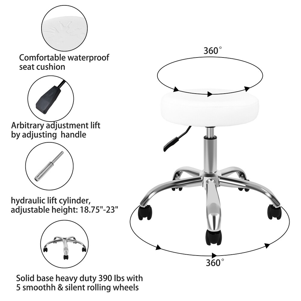 Round Stool Chair with Wheels Height Adjustable  White