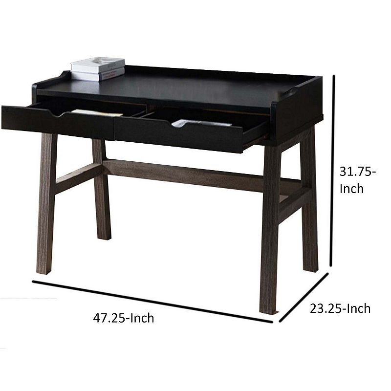 Dual Toned Wooden Desk with Two Sleek Drawers and Slightly Splayed Legs， Gray and Black