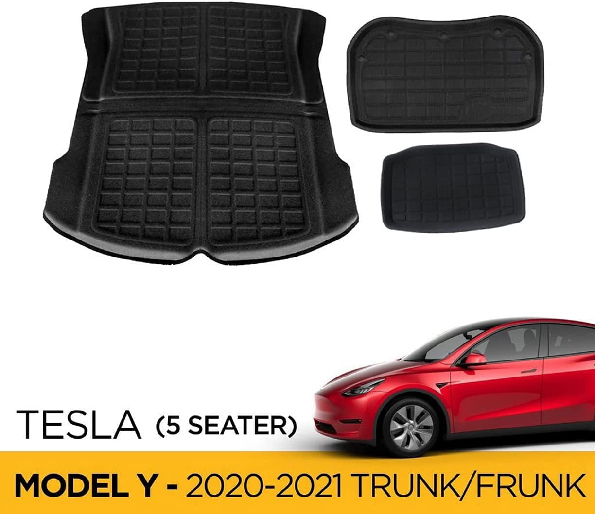 TeslaShields Custom Fit Tesla Model Y 2020-2021 Frunk and Trunk Mat Accessories Set - All-Weather - Heavy Duty - 5 Seater Rubber Mat - Floor Liner Car Interior Accessories