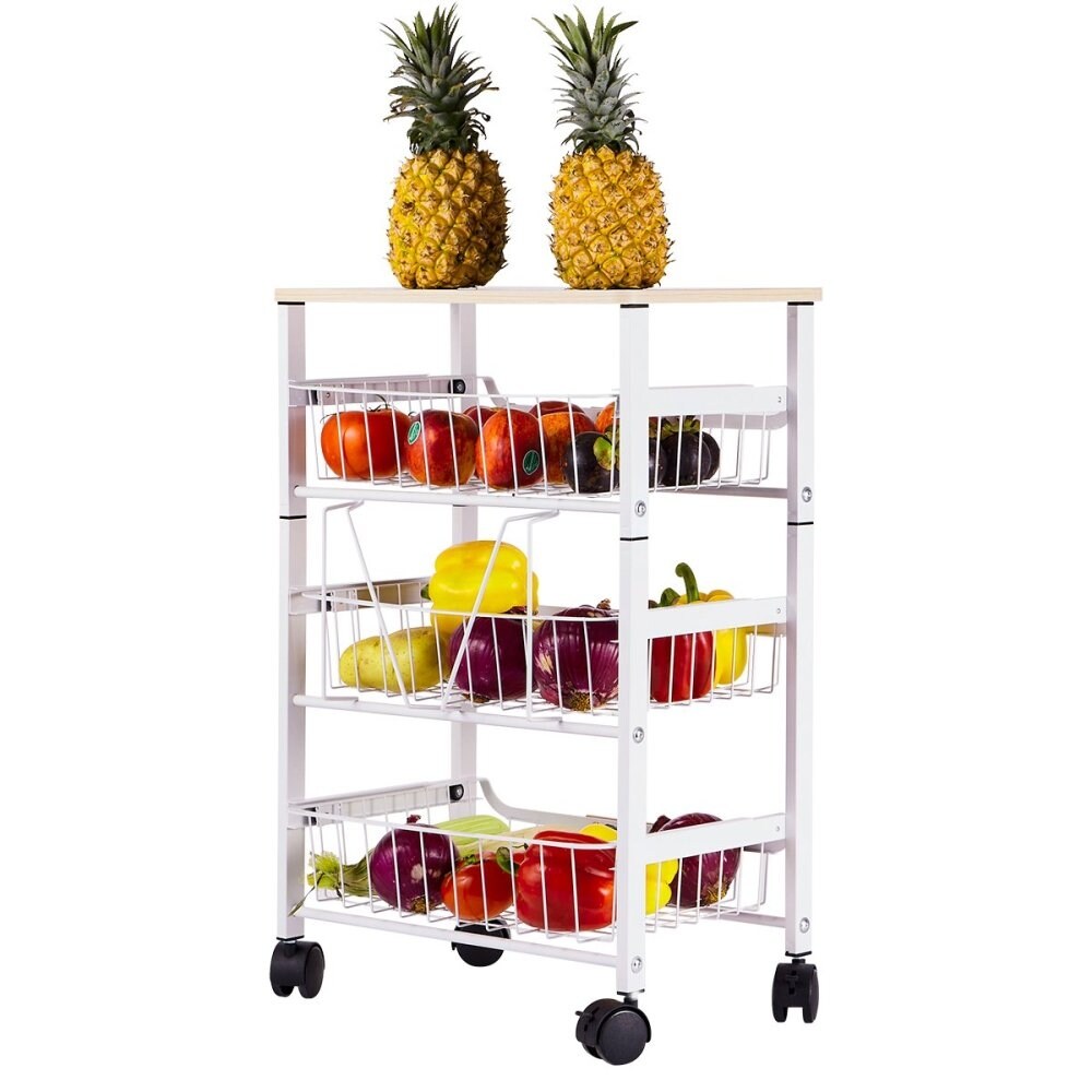 4 Tier Metal Wire Basket Shelf White Kitchen Storage Rolling Cart